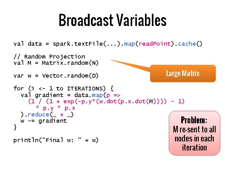 Broadcast Variables val data = spark. text. File(. . . ). map(read. Point). cache()