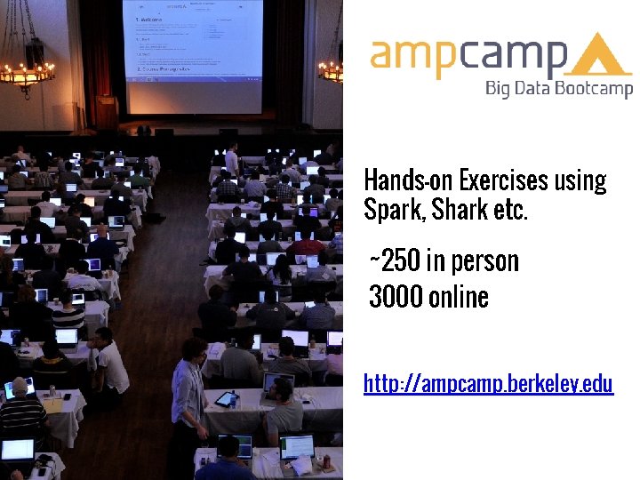 Hands-on Exercises using Spark, Shark etc. ~250 in person 3000 online http: //ampcamp. berkeley.