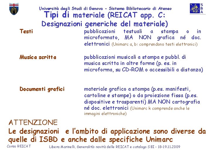 Università degli Studi di Genova - Sistema Bibliotecario di Ateneo Tipi di materiale (REICAT