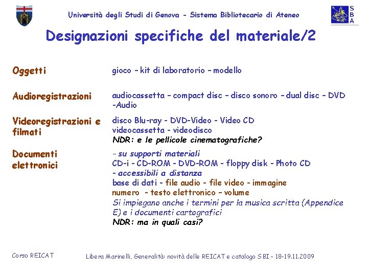 Università degli Studi di Genova - Sistema Bibliotecario di Ateneo Designazioni specifiche del materiale/2