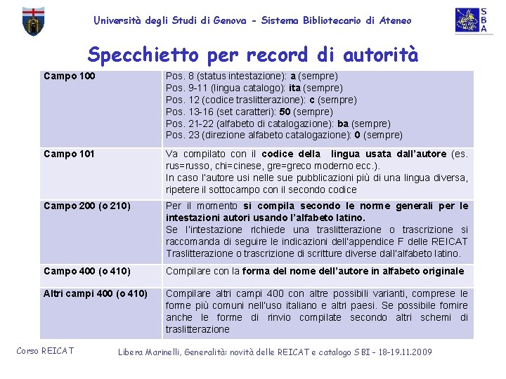 Università degli Studi di Genova - Sistema Bibliotecario di Ateneo Specchietto per record di