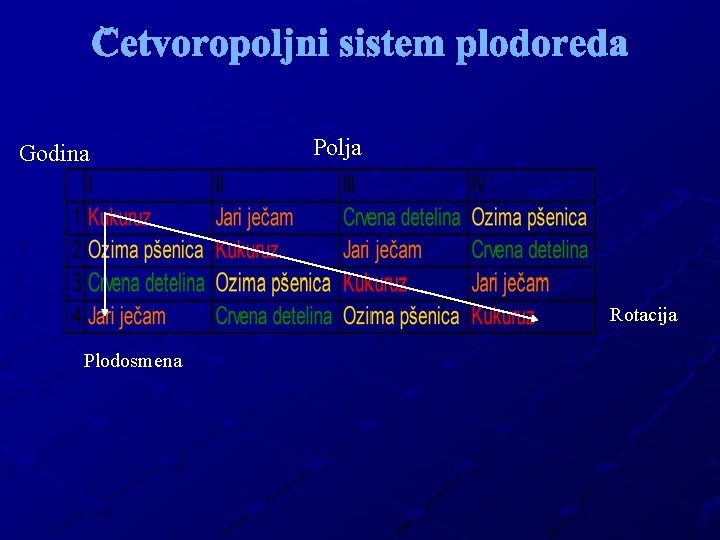 Četvoropoljni sistem plodoreda Godina Polja Rotacija Plodosmena 