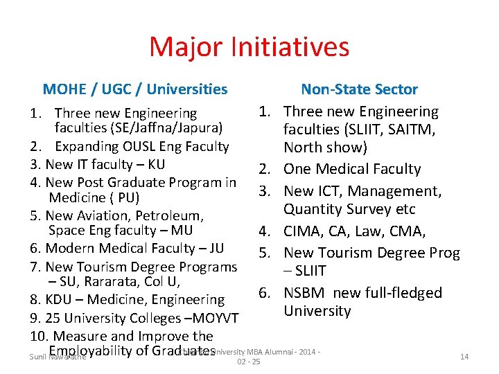 Major Initiatives MOHE / UGC / Universities Non-State Sector Three new Engineering faculties (SLIIT,