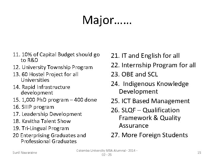Major…… 11. 10% of Capital Budget should go to R&D 12. University Township Program