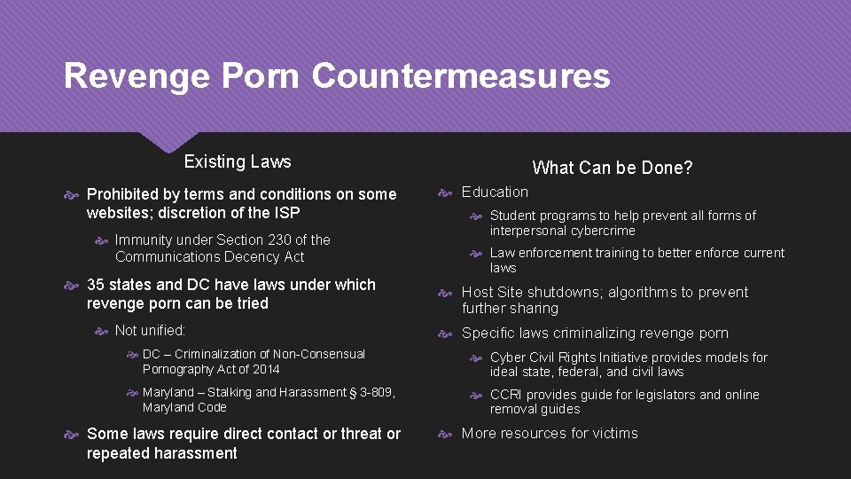 Revenge Porn Countermeasures Existing Laws Prohibited by terms and conditions on some websites; discretion