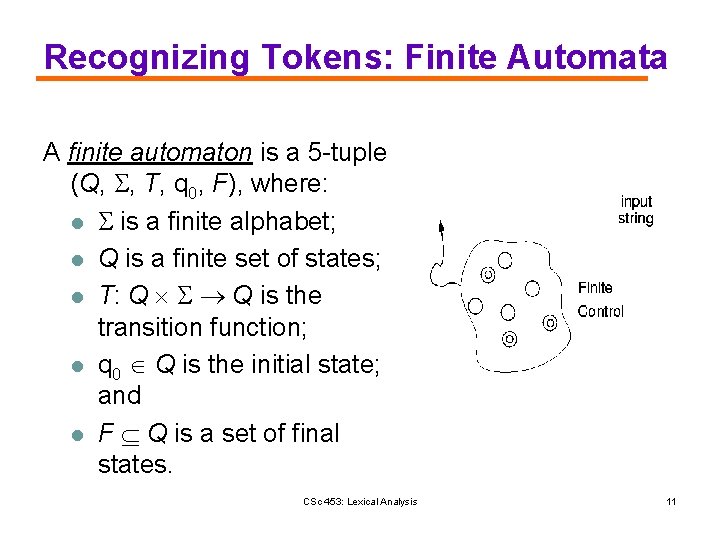Recognizing Tokens: Finite Automata A finite automaton is a 5 -tuple (Q, , T,