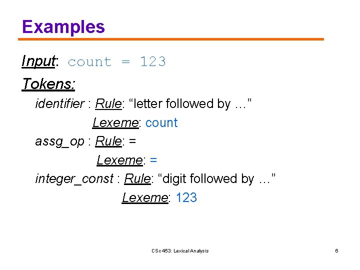 Examples Input: count = 123 Tokens: identifier : Rule: “letter followed by …” Lexeme: