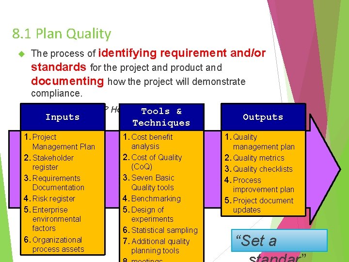 8. 1 Plan Quality The process of identifying requirement and/or standards for the project