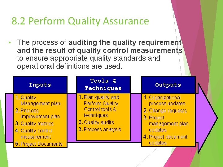 8. 2 Perform Quality Assurance • The process of auditing the quality requirement and
