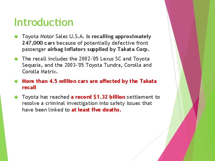 Introduction Toyota Motor Sales U. S. A. is recalling approximately 247, 000 cars because