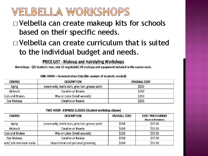 � Velbella can create makeup kits for schools based on their specific needs. �