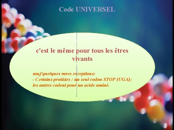 Code UNIVERSEL c'est le même pour tous les êtres vivants sauf quelques rares exceptions: