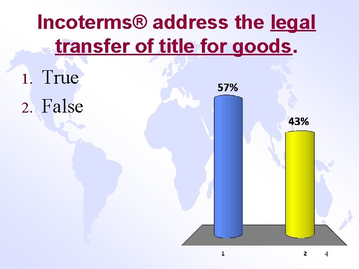Incoterms® address the legal transfer of title for goods. 1. 2. True False 4