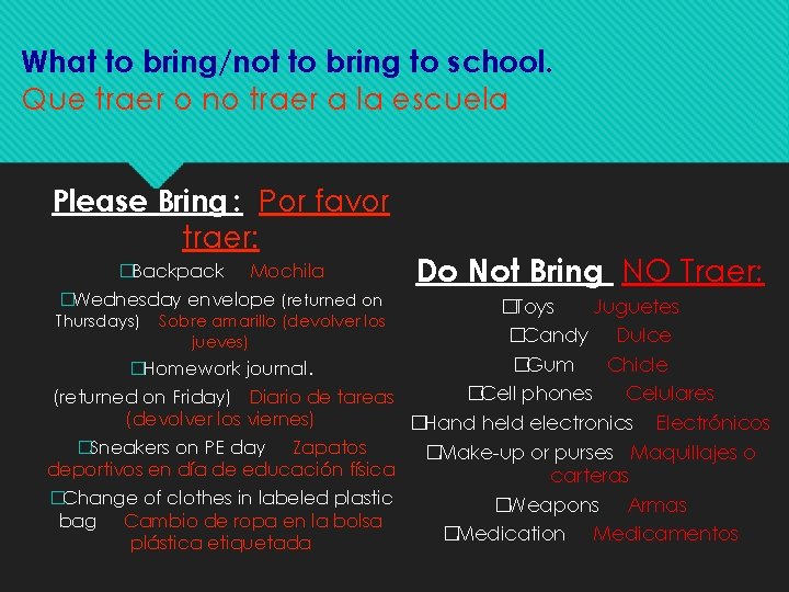 What to bring/not to bring to school. Que traer o no traer a la