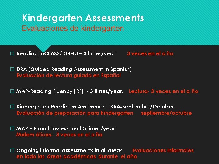 Kindergarten Assessments Evaluaciones de kindergarten � Reading m. CLASS/DIBELS – 3 times/year 3 veces