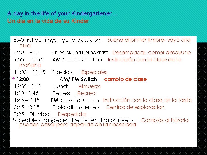 A day in the life of your Kindergartener… Un dia en la vida de