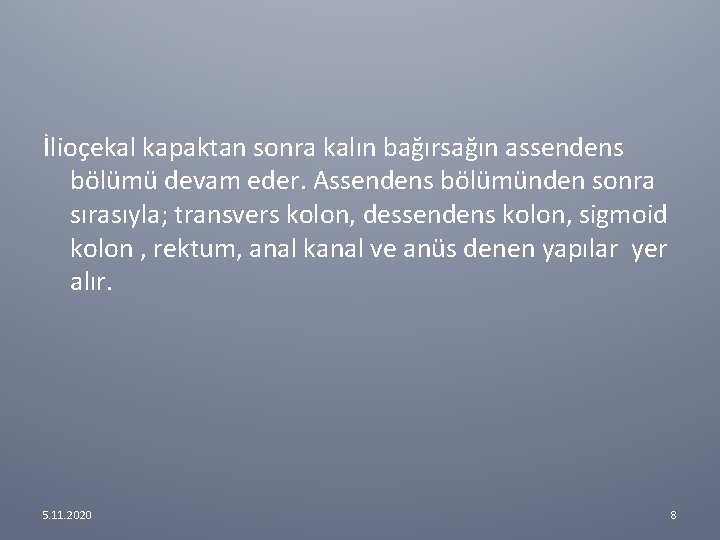 İlioçekal kapaktan sonra kalın bağırsağın assendens bölümü devam eder. Assendens bölümünden sonra sırasıyla; transvers İlioçekal kapaktan sonra kalın bağırsağın assendens bölümü devam eder. Assendens bölümünden sonra sırasıyla; transvers
