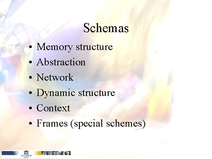 Schemas • • • Memory structure Abstraction Network Dynamic structure Context Frames (special schemes)