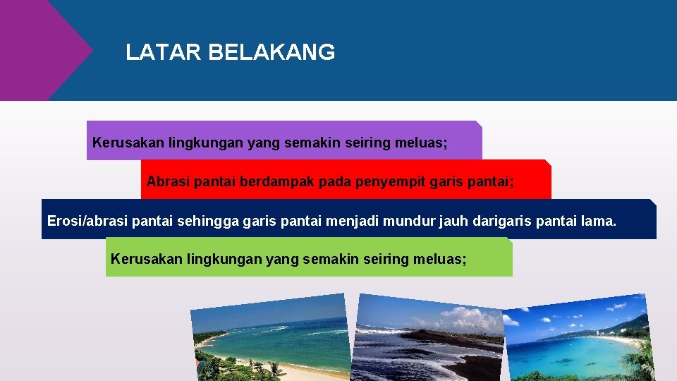 LATAR BELAKANG Kerusakan lingkungan yang semakin seiring meluas; Abrasi pantai berdampak pada penyempit garis