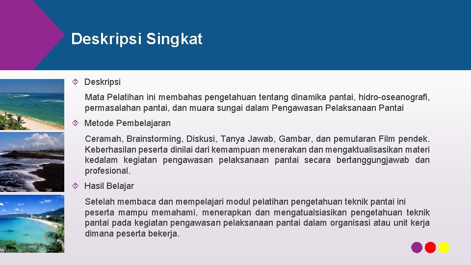 Deskripsi Singkat Deskripsi Mata Pelatihan ini membahas pengetahuan tentang dinamika pantai, hidro-oseanografi, permasalahan pantai,