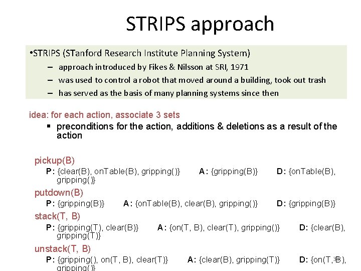 STRIPS approach • STRIPS (STanford Research Institute Planning System) – approach introduced by Fikes