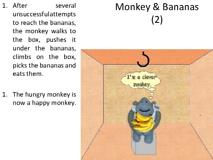 1. After several unsuccessful attempts to reach the bananas, the monkey walks to the