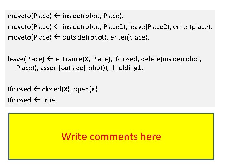 moveto(Place) inside(robot, Place). moveto(Place) inside(robot, Place 2), leave(Place 2), enter(place). moveto(Place) outside(robot), enter(place). leave(Place)