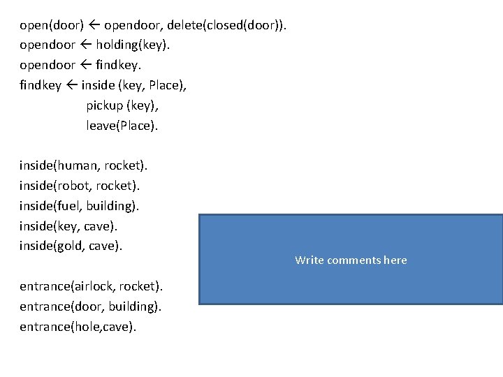 open(door) opendoor, delete(closed(door)). opendoor holding(key). opendoor findkey inside (key, Place), pickup (key), leave(Place). inside(human,