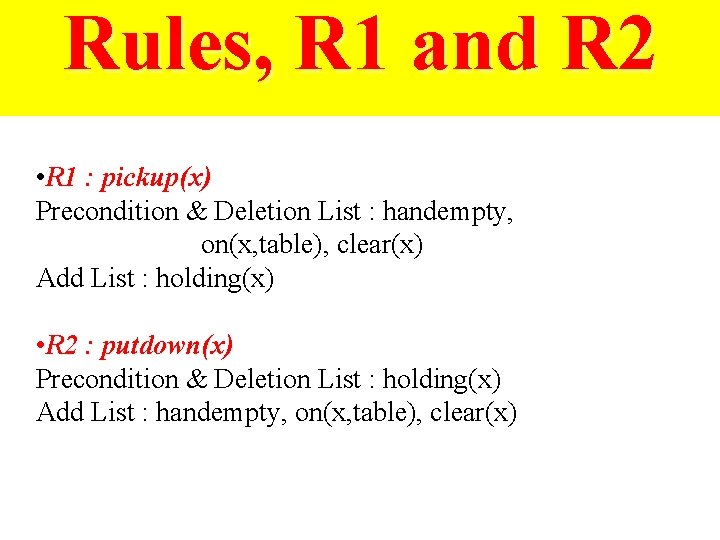 Rules, R 1 and R 2 • R 1 : pickup(x) Precondition & Deletion
