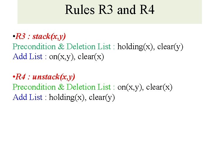 Rules R 3 and R 4 • R 3 : stack(x, y) Precondition &