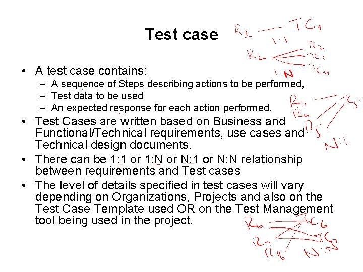 Test case • A test case contains: – A sequence of Steps describing actions