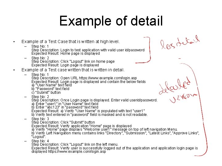 Example of detail • Example of a Test Case that is written at high