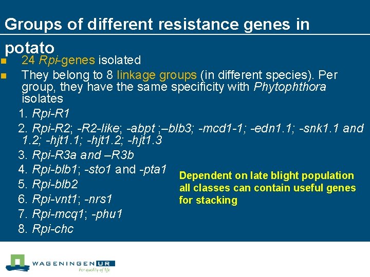 Groups of different resistance genes in potato n n 24 Rpi-genes isolated They belong
