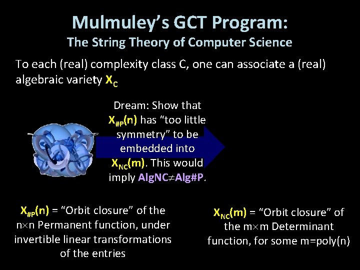 Mulmuley’s GCT Program: The String Theory of Computer Science To each (real) complexity class