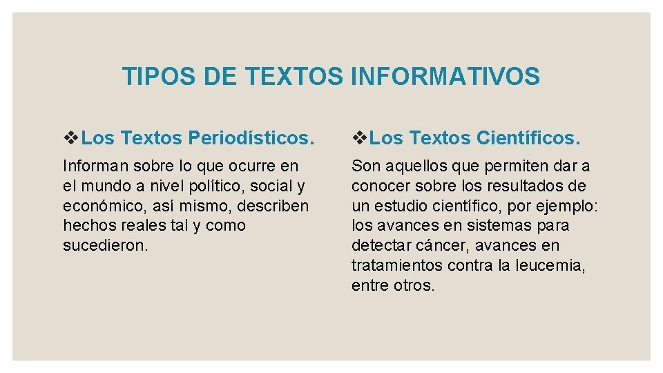 TIPOS DE TEXTOS INFORMATIVOS v. Los Textos Periodísticos. v. Los Textos Científicos. Informan sobre