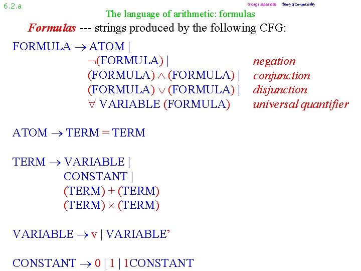 6. 2. a Giorgi Japaridze Theory of Computability The language of arithmetic: formulas Formulas