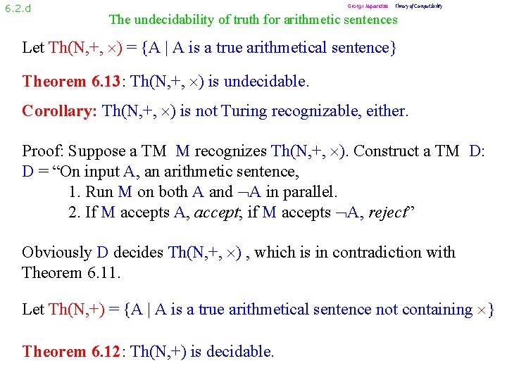 6. 2. d Giorgi Japaridze Theory of Computability The undecidability of truth for arithmetic