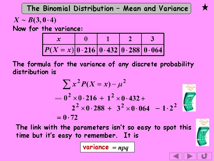 The Binomial Distribution – Mean and Variance Now for the variance: x 0 1