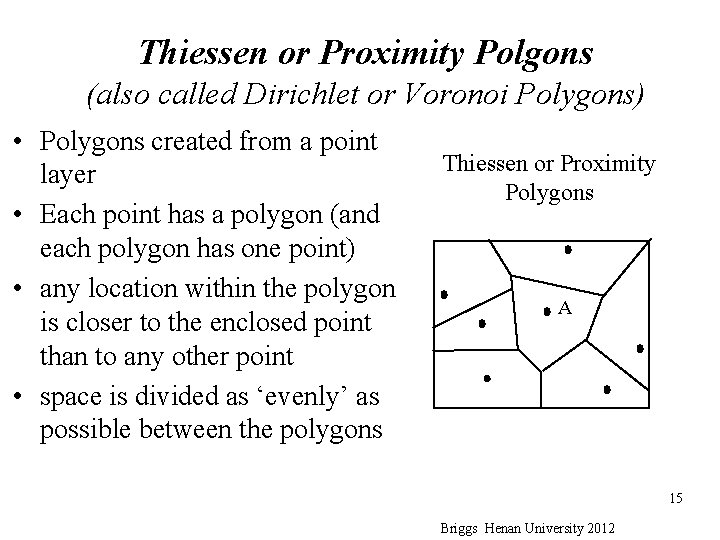 Thiessen or Proximity Polgons (also called Dirichlet or Voronoi Polygons) • Polygons created from