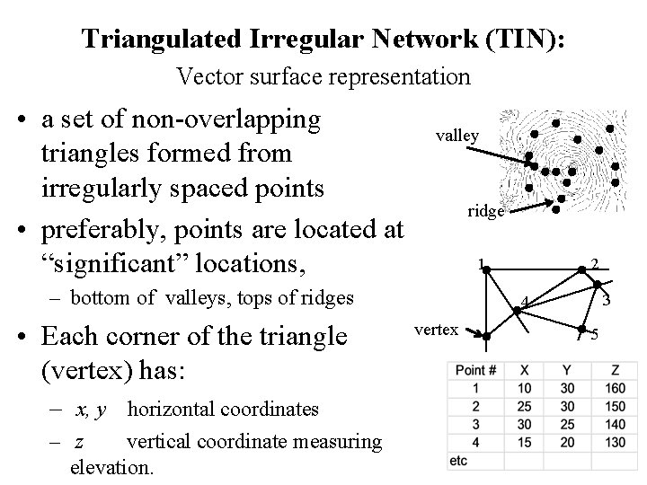 Triangulated Irregular Network (TIN): Vector surface representation • a set of non-overlapping triangles formed