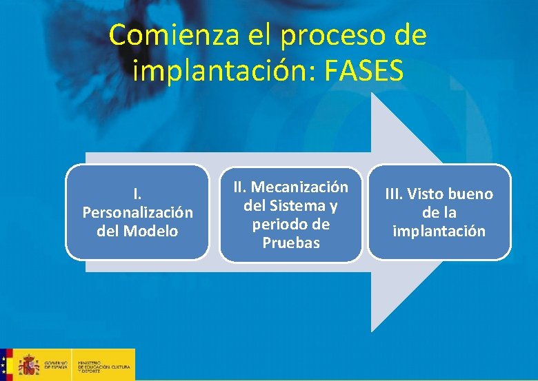  Comienza el proceso de implantación: FASES I. Personalización del Modelo II. Mecanización del