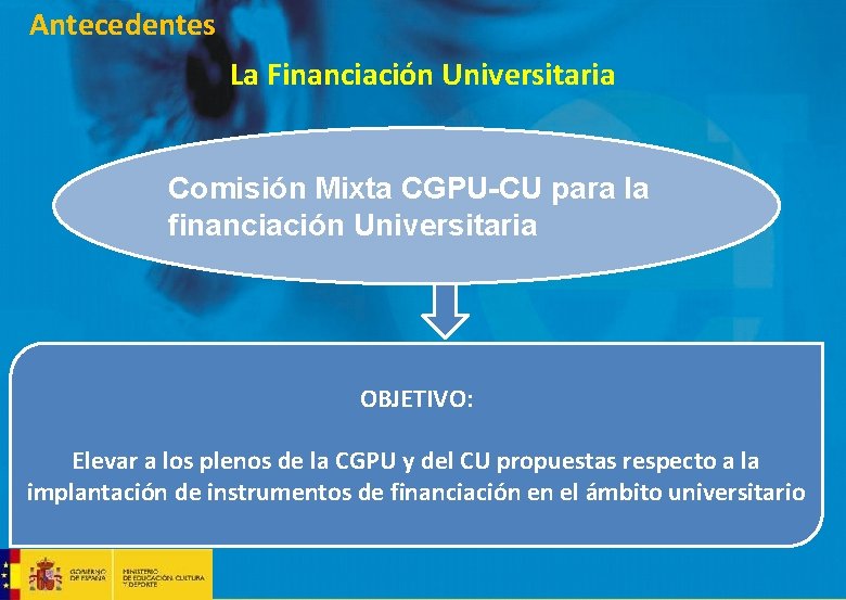 Antecedentes La Financiación Universitaria Comisión Mixta CGPU-CU para la financiación Universitaria OBJETIVO: Elevar a