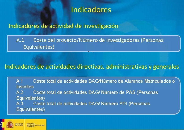 Indicadores de actividad de investigación A. 1 Coste del proyecto/Número de Investigadores (Personas Equivalentes) Indicadores de actividad de investigación A. 1 Coste del proyecto/Número de Investigadores (Personas Equivalentes)