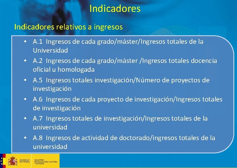 Indicadores relativos a ingresos • A. 1 Ingresos de cada grado/máster/Ingresos totales de la Indicadores relativos a ingresos • A. 1 Ingresos de cada grado/máster/Ingresos totales de la