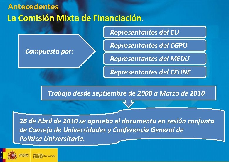 Antecedentes La Comisión Mixta de Financiación. Representantes del CU Compuesta por: Representantes del CGPU