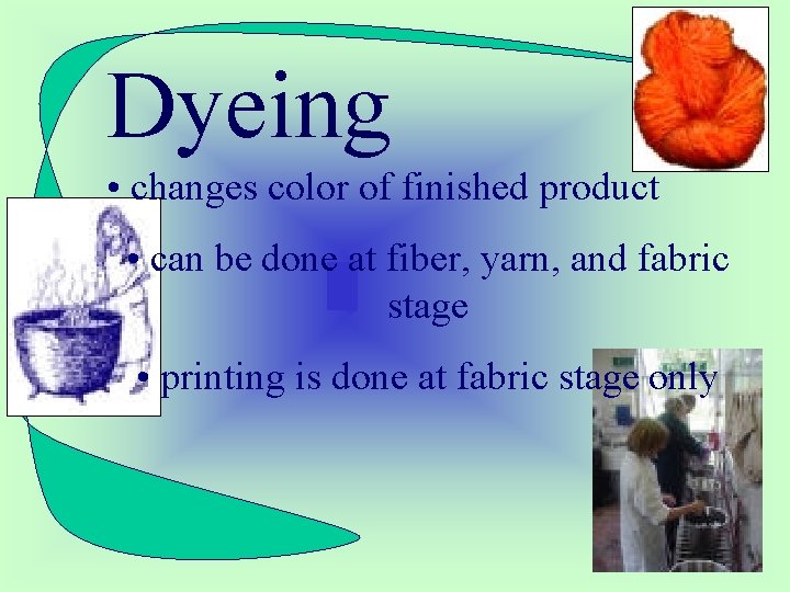 Dyeing • changes color of finished product • can be done at fiber, yarn,