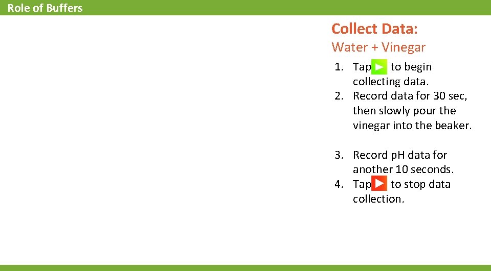 Role of Buffers Collect Data: Water + Vinegar 1. Tap to begin collecting data.