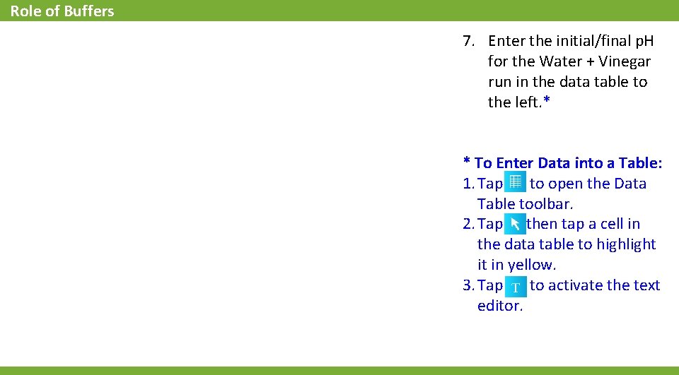 Role of Buffers 7. Enter the initial/final p. H for the Water + Vinegar