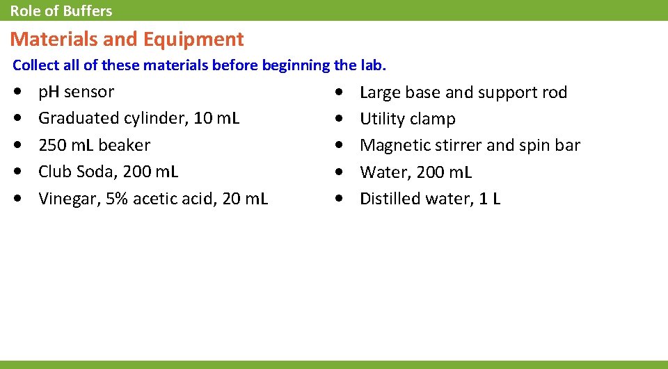 Role of Buffers Materials and Equipment Collect all of these materials before beginning the