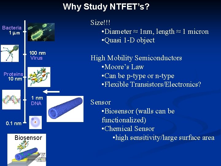 Why Study NTFET’s? Size!!! • Diameter ≈ 1 nm, length ≈ 1 micron •